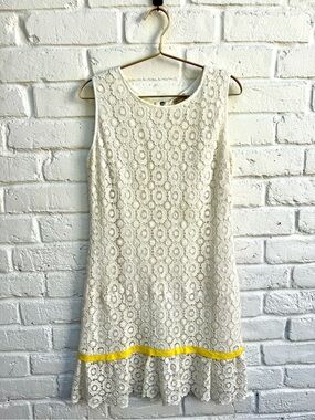 Daniel Cremieux Ivory Floral Lace Sleeveless Shift Dress Yellow Trim Size 10